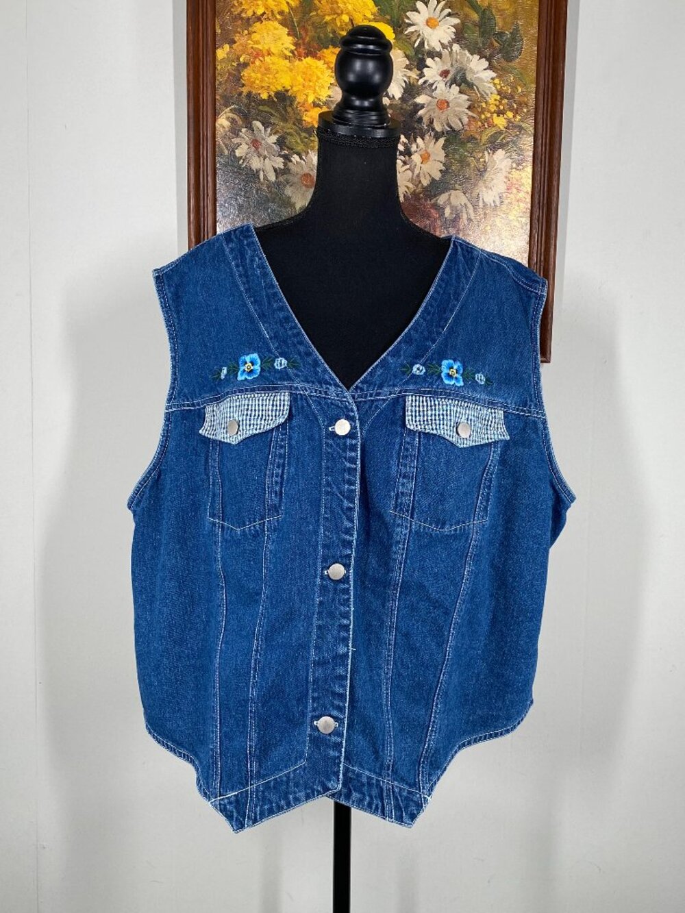 Midwest Traders Denim Jean Vest Women's 22W Blue Embroidered Floral Casual